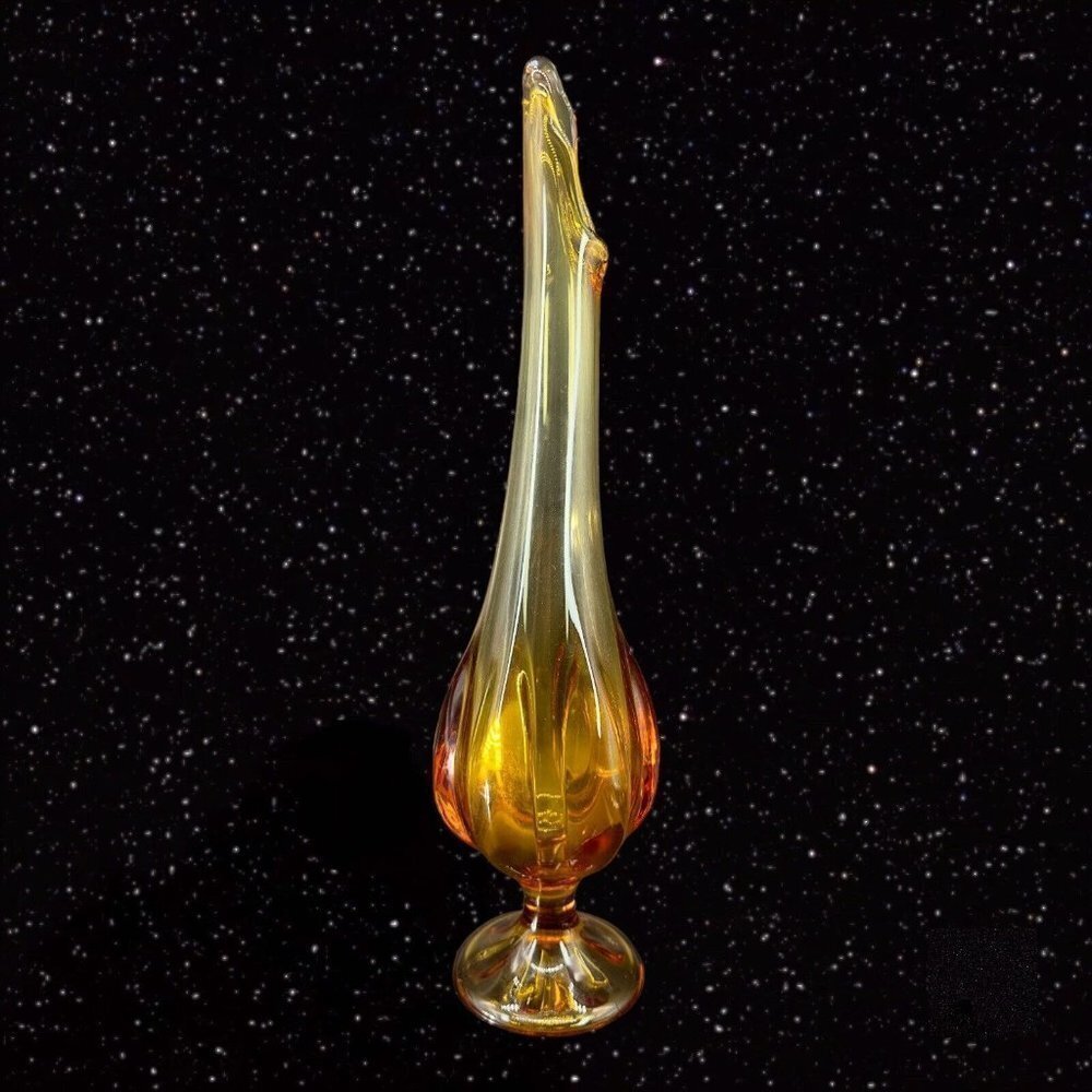 Viking Amber Stretch Swung 6 Petal Art Glass Vase Tall MCM Vintage 18"Tall 1.5"W - Picture 5 of 14